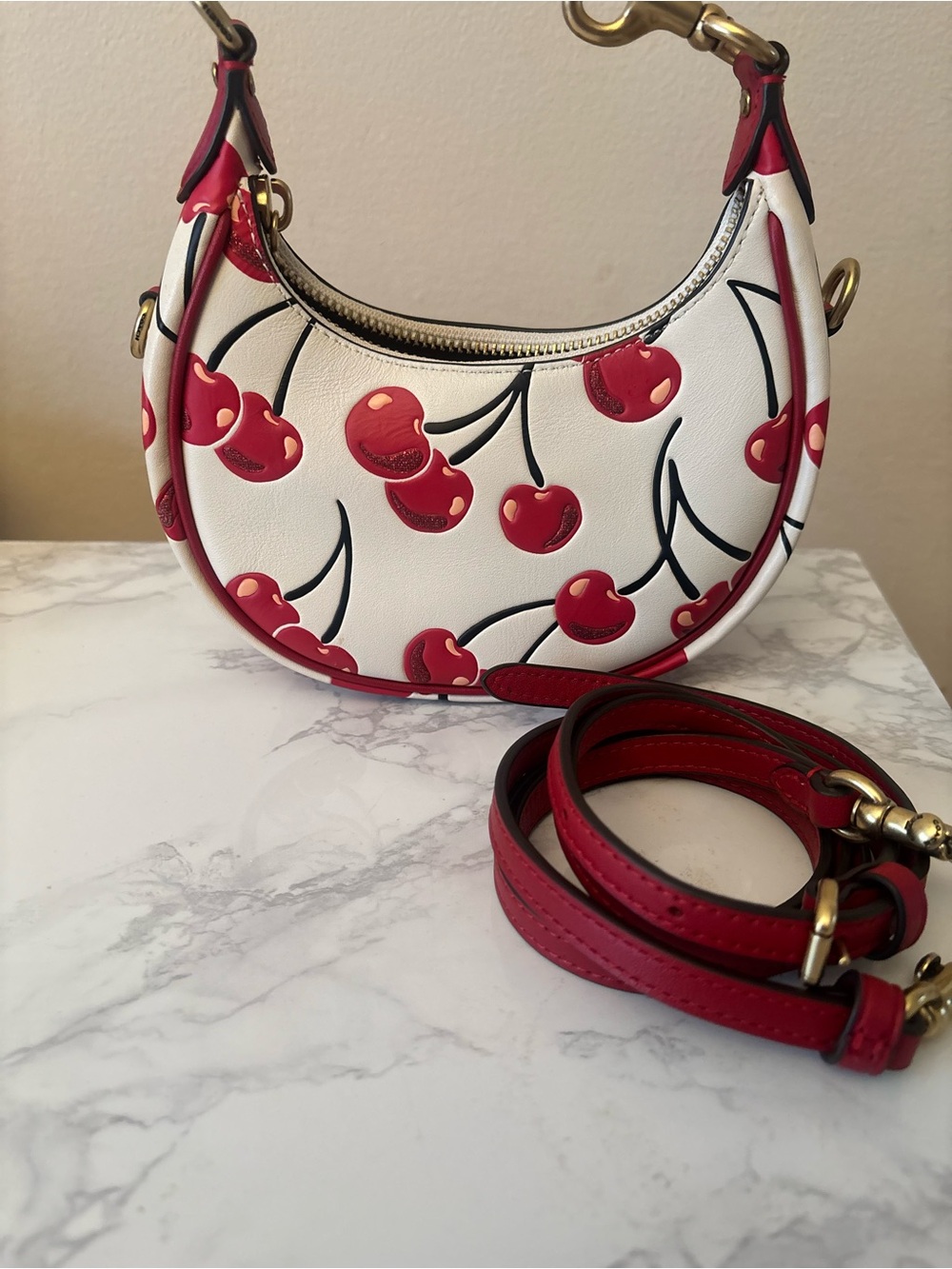 Coach Cherry-Print Jonie small Bag in White and Red ( Hangtag not included )